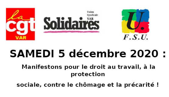 SAMEDI 5 décembre 2020: Manifestons pour le droit au travail, à la protection sociale, contre le chômage et la précarité !